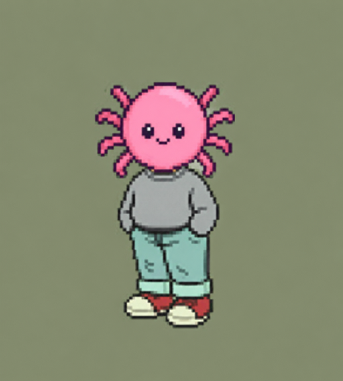 Pink octopus-headed character in a grey sweatshirt, mint trousers and red trainers